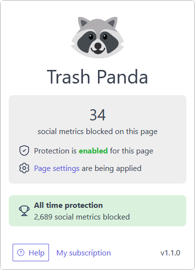 Screenshot of Trash Panda popup