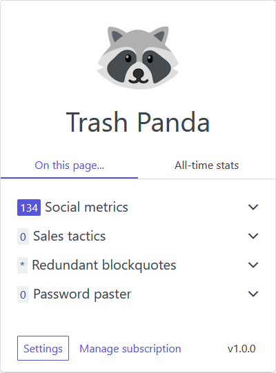 Screenshot of Trash Panda popup